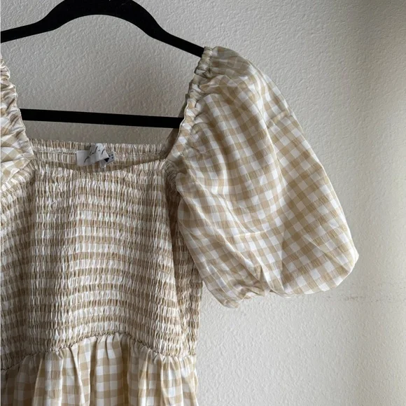 Petal & Pup Dresses | Petal & Pup Beige Gingham Puffy Sleeve Midi Dress | Color: Tan/White | Size: 0 | Alexmarie12810'S Closet